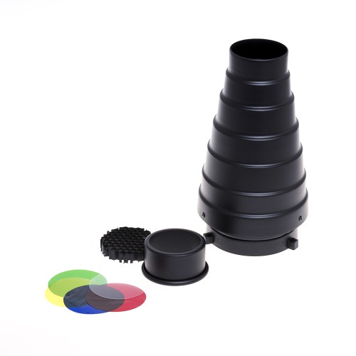 1 - Caruba Snoot riflettore per flash da studio attacco Bowens griglia e gelatine colorate